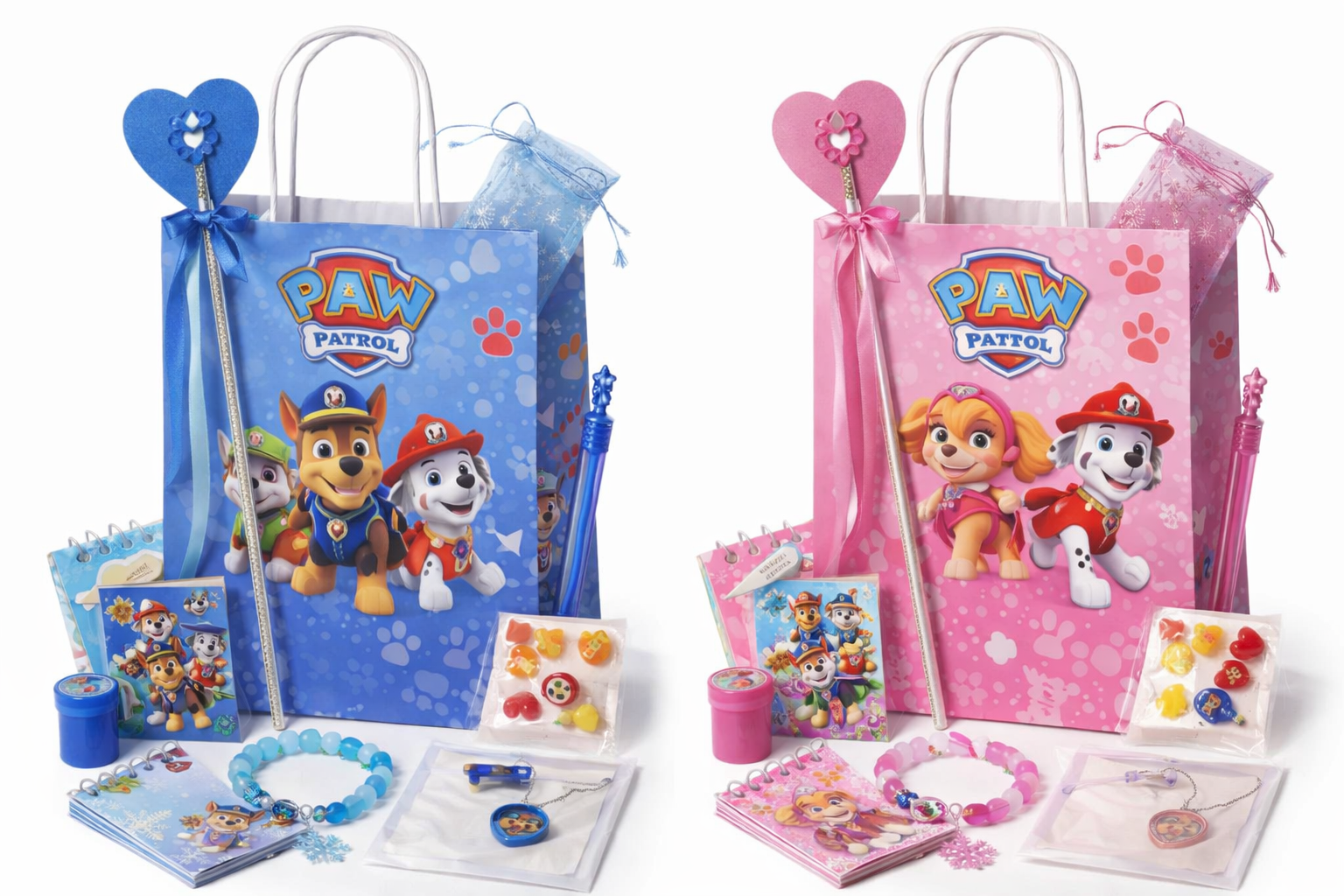 Paw Patrol party favor bags and accessories on a white background